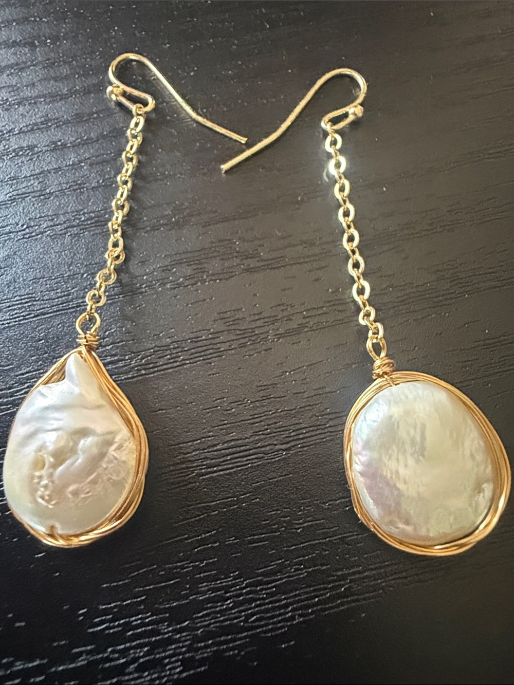 Source Unknown Gold Wire-Wrapped Baroque Pearl Drop Earrings - White Pearlescent